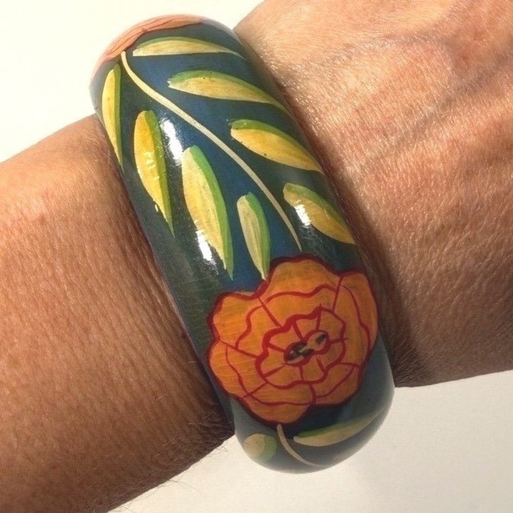 Wooden Bangle Bracelet Blue Orange Yellow Hand Painted Jewelry Made in India
